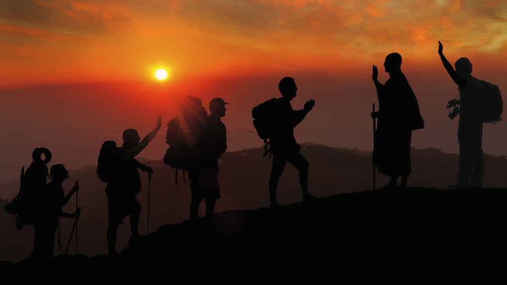 Hikers greet each other