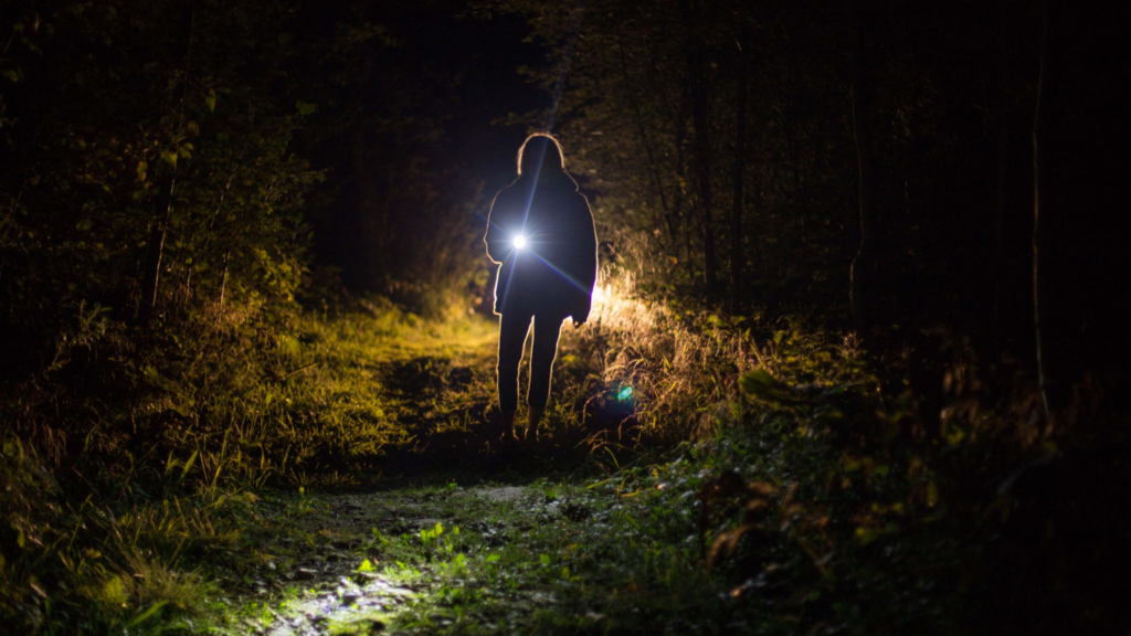 Traveler using flashlight