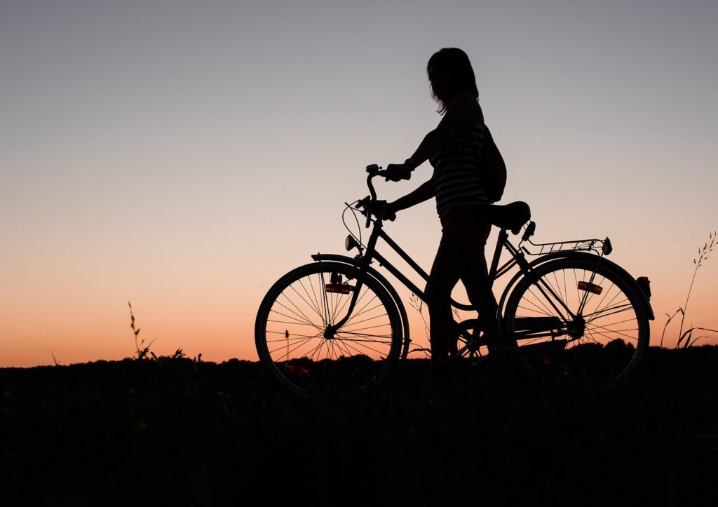 girl, bicycle, bike, sunset, silhouette, woman, cycling, female silhouette, dusk, twilight, bicycle wheels, vehicle, nature, transportation